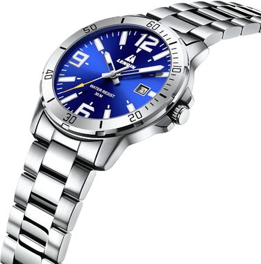 Годинник чоловічий LENQIN з нержавіючої сталі, водонепроникний, з датою, аналоговий кварцовий годинник, бізнес-стиль, срібний колір, синій циферблат