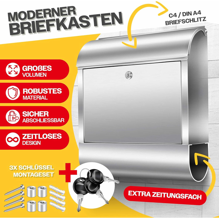 Поштовий ящик настінний KESSER® XXL нержавіюча сталь срібний з газетницею, замок + 3 ключі, вологостійкий, порошкове покриття