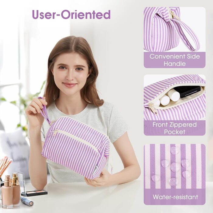 Косметичка жіноча Narwey для подорожей: велика, з широким відкриванням (сіро-блакитний з фіолетовими смужками)