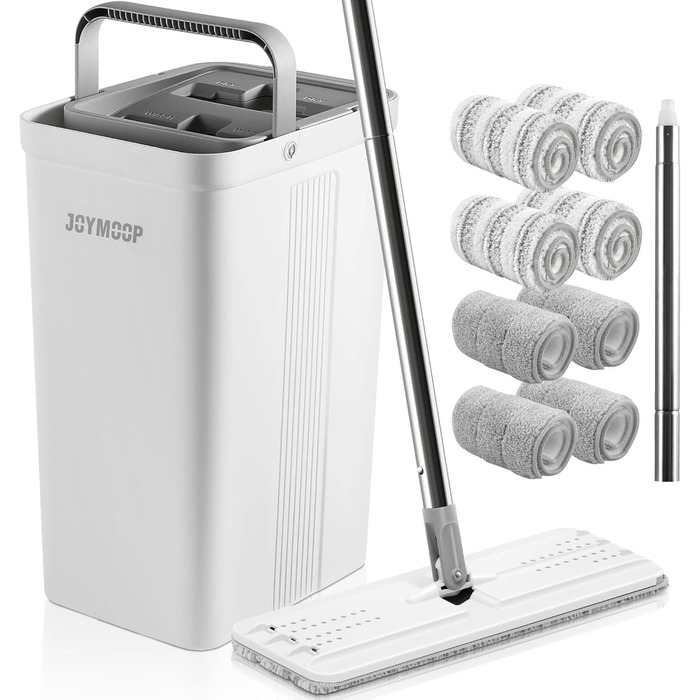 JOYMOOP Wischmopp та відро з віджимачем, безконтактний плоский швабр, система прибирання підлоги, 3 мікрофібрових насадок, для вологого та сухого прибирання (відро #2124 + подовжений тримач + 8 насадок)
