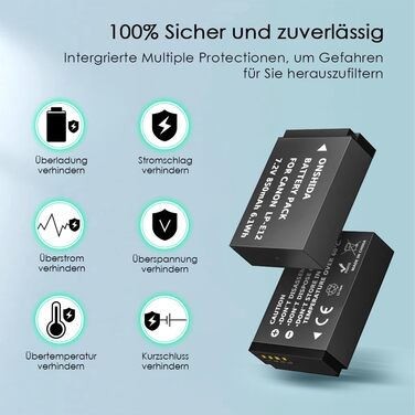 Акумулятор для камери Onshida LP-E12, 2 шт. 850mAh, зарядний пристрій, комплект для Canon EOS M, M2, M10, M100, 100D, Rebel SL1, KISS X7, M50