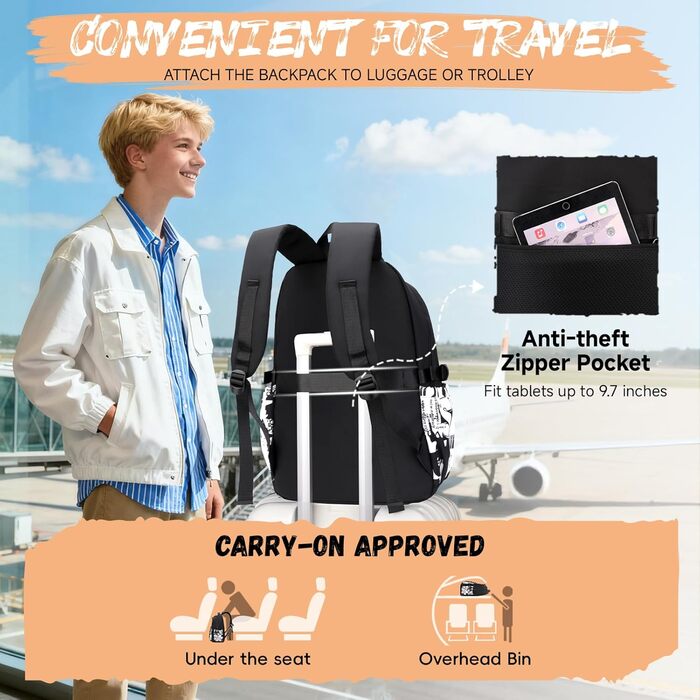 Шкільний рюкзак Tanou для хлопців-підлітків, принт графіті, водонепроникний, для школи, гімназії, старшої школи (Чорний/Оранжевий)