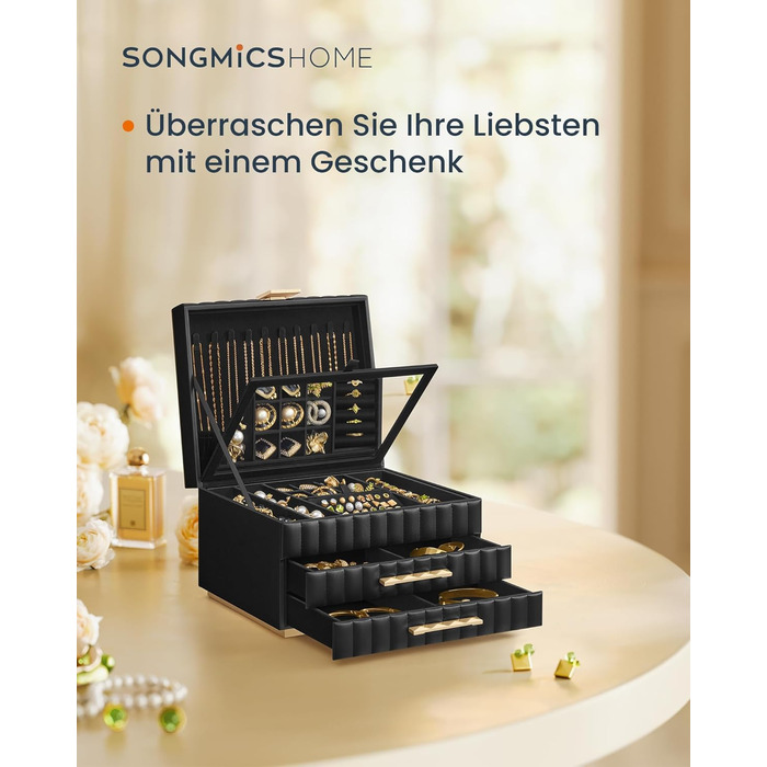SONGMICS HOME ANAH - Скринниця для прикрас з дзеркалом, 3 ящики, 2 шухляди, PU шкіра, ефект парячого органайзера, 21,5 x 24 x 15,8 см, ідеальний подарунок, хмарно-білий (JBC183W01)