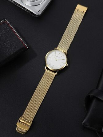 Годинник жіночий Hannah Martin, кварцовий, аналоговий, з нержавіючої сталі, водонепроникний, ультратонкий, сітка, білий корпус, золотий браслет
