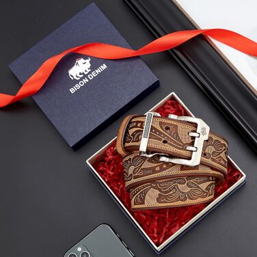 Чоловічий шкіряний ремінь BISON DENIM: стильний аксесуар для джинсів та ділового стилю, ширина 38 мм, з подарунковою коробкою (W71808-brown 120)