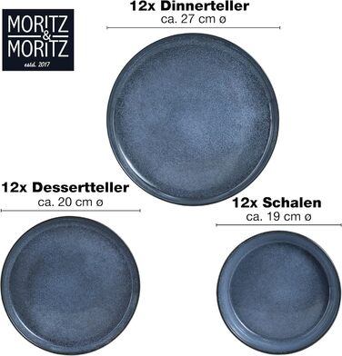Moritz & Moritz VIDA Dinnerware Set for 12 People Blue 36-Piece - Modern Porcelain Dinnerware Set - Scratch, Microwave & Dishwasher Safe, Dining Service, Table Service, Combination Service for 12 People