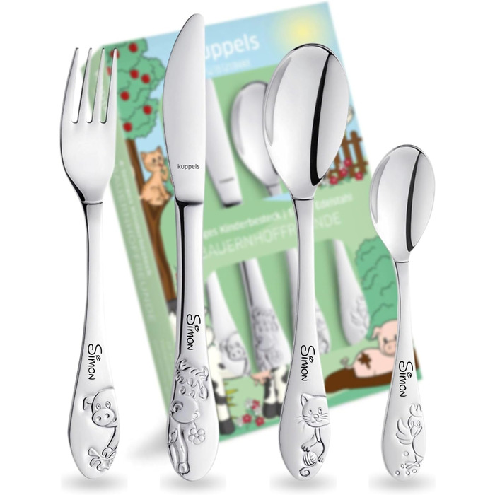 Дитячий столовий прилад Kinderbesteck Bauernhoffreunde з гравіюванням імені - персоналізований столовий прилад - індивідуальний хрещення для хлопчика/дівчинки - унікальний подарунок - набір з 4 частин