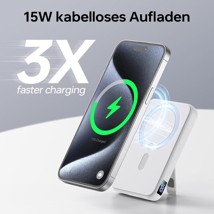 Пауербанк MagSafe 12000mAh з бездротовою зарядкою для iPhone, PD 22.5W, USB-A вихід, LED-дисплей, Type-C вхід/вихід, білий