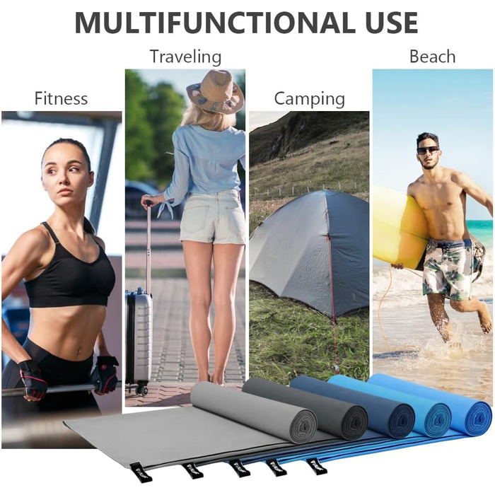 Рушник мікрофібра Flintronic, 200x100 см, великий для ванни, швидковисихаючий, спортивний, туристичний, пляжний, для тренажерного залу, сауни (Морська синя, 180x60 см + 80x40 см)