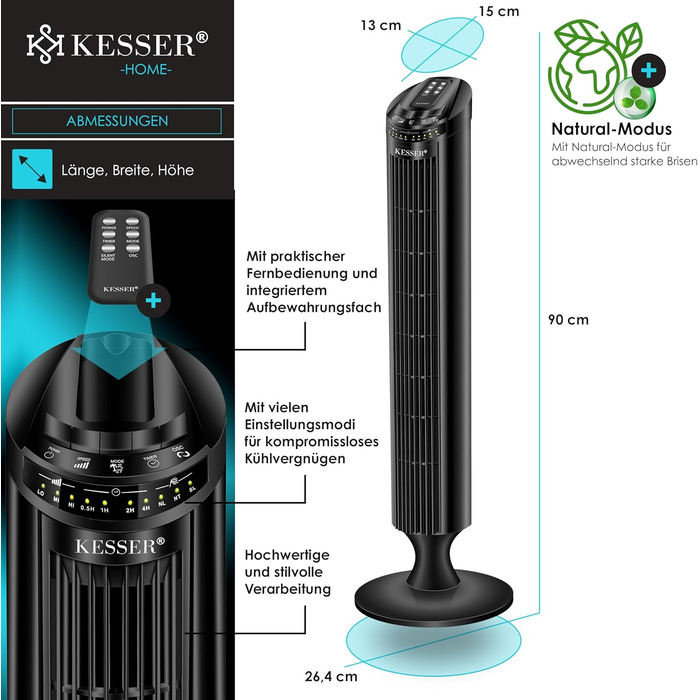 Турбо вентилятор KESSER® з пультом керування | 90° кут осциляції | 3 швидкості | 90 см | Таймер | Turbo функція | Колонний вентилятор | Чорний