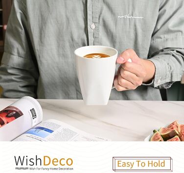 Набір кавових чашок WishDeco 6 шт., порцеляна, білий колір, 400 мл, з ручкою, для кави, чаю, капучино, молока, гарячих напоїв, квадратна основа