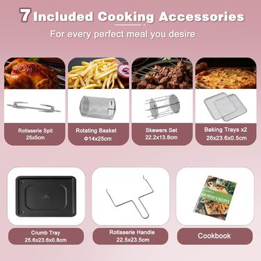 LLIVEKIT Convection Oven 12 L, 12-in-1 Digital Air Fryer for Family, 360° Hot Air Circulation, Mini Oven, Oil-Free Dehydrator, 90 Min. Timer, Cookbook & 6 Accessories, 1800 W 12L Pink