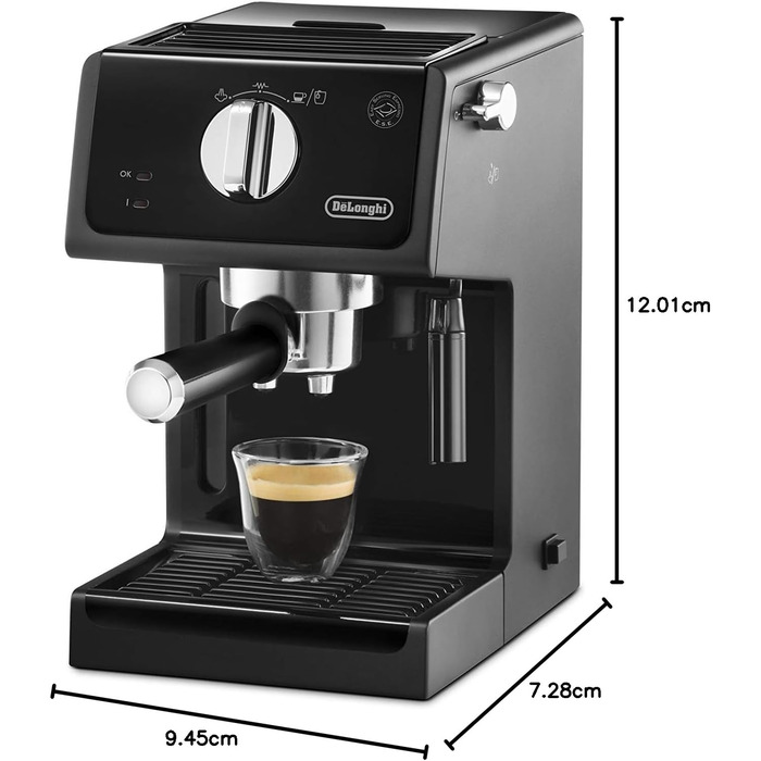 De'Longhi ECP 31.21 – Espresso Portafilter Machine, Espresso Machine with Aluminum Finish, including manual milk frother, with hot water function, suitable for ESE pods, 1.1 l water tank, black
