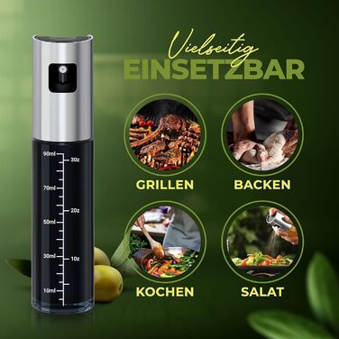 Олійний розпилювач Leisure Life® 2 шт, нержавіюча сталь 1 мм, захисне скло UV, BPA-free, 100 мл, для оливкової олії та здорового приготування (Чорний обсидіан)