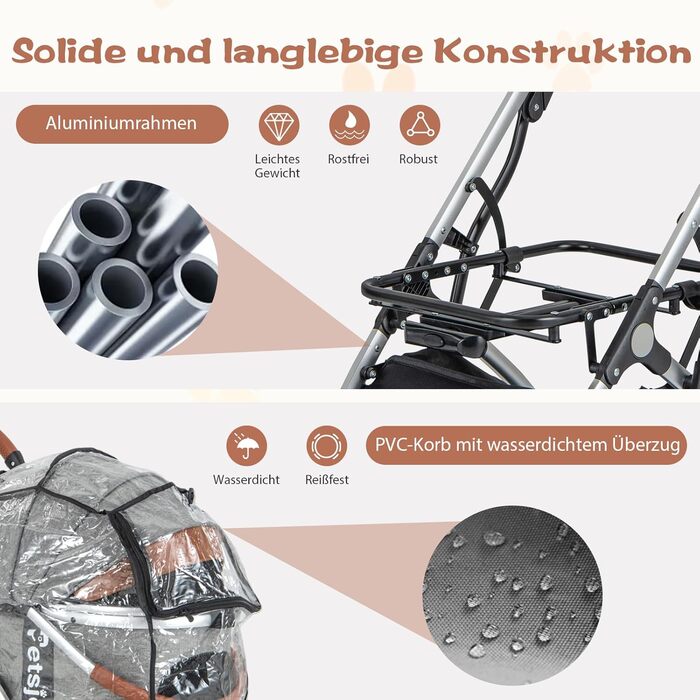 Візок для собак та котів COSTWAY 3 в 1, сірий | Складаний, до 15 кг | Знімний кошик, дощовик, телескопічна ручка, сітка-віконце