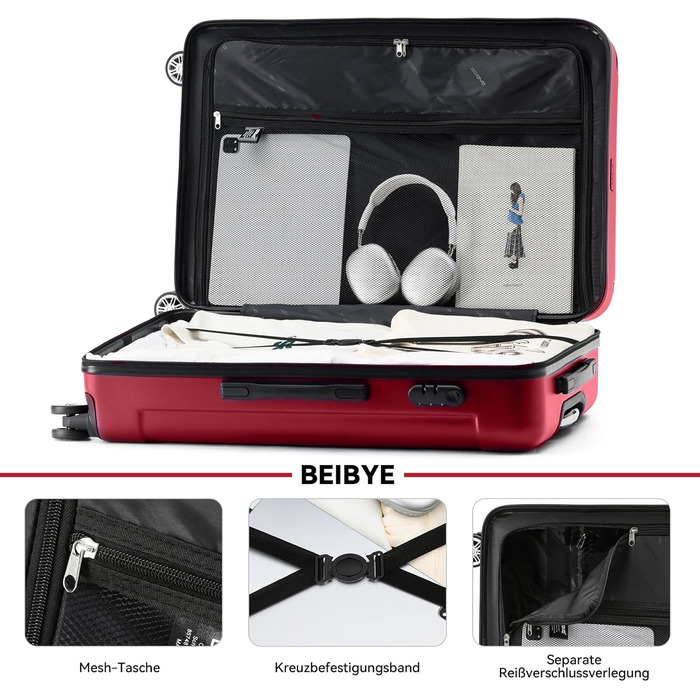 Набір валіз Beibye Hartschalen: M, L, XL з ABS матеріалу, ручна класть, телескопічна ручка, коліщата, захисне замкове механізм