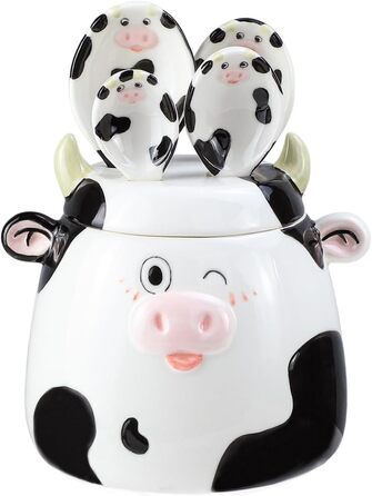 Ceramic Measuring Spoon Set with Cow Pattern, 4-Piece, for Dry or Liquid Ingredients, with Measuring Cup Set, Microwave Safe, Hand Wash Recommended
