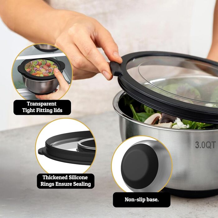 Набір мисок Deedro з прозорим кришками (5 шт.) – 4.7L/2.8L/1.9L/1.4L/0.63L | Миски для перемішування, салатники, набір мисок | Нековзні, складані, придатні для миття в посудомийній машині | Включено тертку (Чорний)