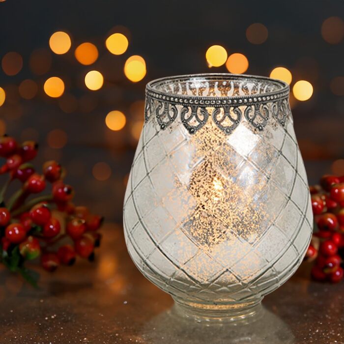Vintage Candle Glasses Lanterns Silver - 2 Modern Candle Glasses in 14 cm as Candle Holders, Lanterns, Tealight Holders - Boho Candle Holders, Tealight Glass as Wedding Table Decoration, Balcony, Garden Decoration (2x 18 cm - silver)