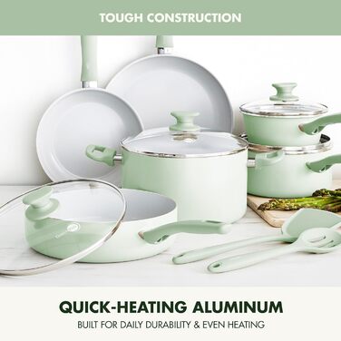 Набір кухонного посуду GreenPan Dover Healthy Ceramic, 12 предметів, антипригарне покриття, без PFAS, для миття в посудомийній машині, зручні ручки, кремово-білий