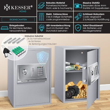 Електронний сейф KESSER® настінний, 31x20x20 см, з подвійним замком, LED підсвіткою, сталевий (срібний, XL)