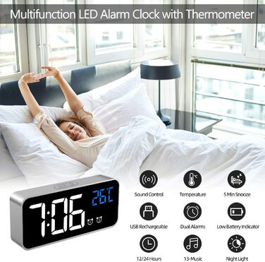 Цифровий годинник MOSUO з LED-дисплеєм, USB-зарядка, показник температури, голосове керування, 2 будильники, регулювання яскравості та гучності, срібний