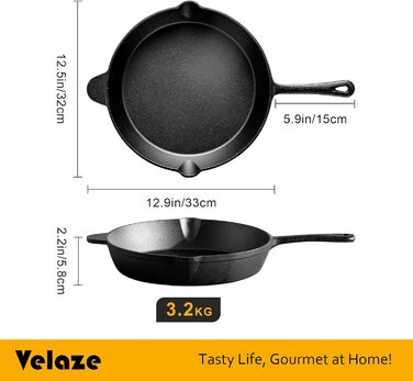 Чавунна гриль-сковорода Velaze 38,5x31 см з рифленим дном і двома ручками, для стейків, барбекю, газового та вугільного гриля, для кемпінгу і саду, Ø32 см