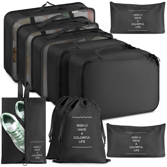 Органайзер для валізи, набір 10 шт: пакувальні куби, водонепроникні мішки для одягу, взуття, косметики, аксесуарів. Чорний колір.