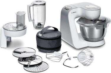 Кухонний комбайн Bosch Serie 4 MUM58W20, 1000 Вт, 3,9 л, міксер 1,25 л, планетарне змішування, насадки з нержавіючої сталі, білого/сріблястого кольору