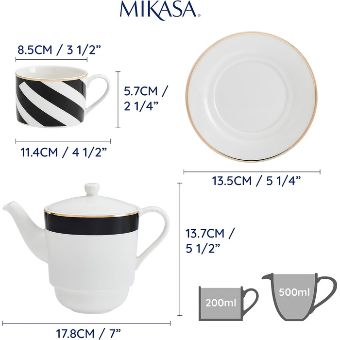 Mikasa Luxe Deco Porcelain Tea Set for One, Tea Set for One Person with Teapot, Cup, and Saucer, Stackable Tea Set, Dishwasher Safe