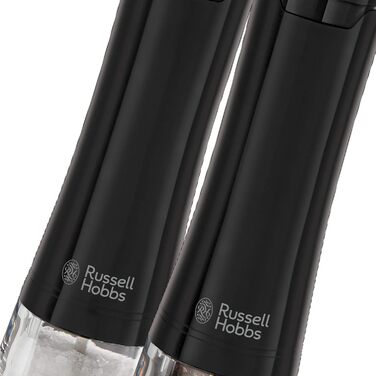 Електричні млини для солі та перцю Russell Hobbs 28010-56, керамічний механізм, чорні, набір 2 шт, для спецій і трав, регульований помел, LED підсвітка