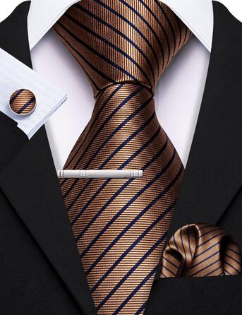 Комплект краваток Barry.Wang: Шовкові краватки, нагрудна хустинка, запонки, смугасті та клітинчасті моделі для святкової події або весілля. Колір: кавовий.