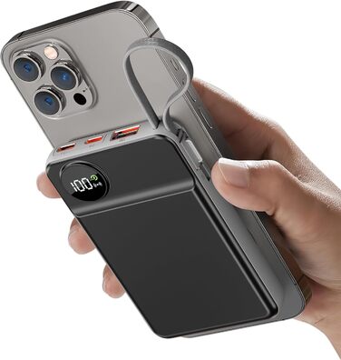 Powerbank MagSafe 20000mAh з PD 20W, USB-A, магнітним з'єднанням, інтегрованими кабелями, бездротовою зарядкою 15W, цифровим дисплеєм, сірий колір