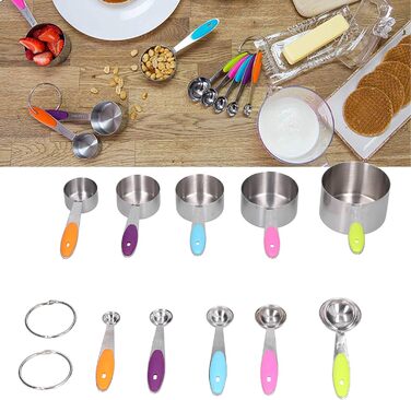 10-Piece Measuring Cup and Spoon Set, Stainless Steel Measuring Spoon Set with Silicone Handle and Scale, Measuring Cup Spoon Set in Various Sizes, for Home (16.5oz-Color)
