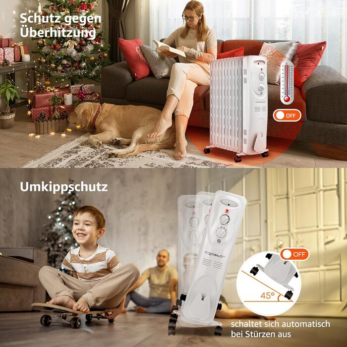 Електричний масляний радіатор Aigostar Pangpang 2300W, 11 секцій, з термостатом та 3 рівнями нагріву, мобільний обігрівач