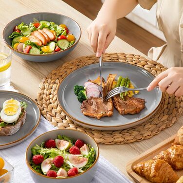 Набір посуду на 6 осіб Vancasso RENO 24 шт. з каменю, сучасний сервіз: обідні, супові, десертні тарілки, миски. Можна мити в посудомийній машині та використовувати в мікрохвильовці, сірий колір.