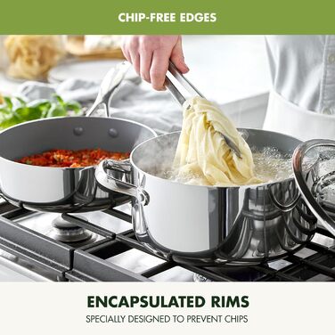 Набір посуду GreenPan Valencia Pro Tri-Ply з нержавіючої сталі, 10 предметів: каструлі та сковороди з керамічним антипригарним покриттям без PFAS та PFOA, багатошарове дно, сумісний з індукцією, безпечний для миття в посудомийній машині, духовці та грилі