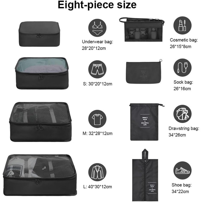 Органайзер для валізи OSDUE, набір 8 шт: кубики для пакування, водонепроникні сумочки для одягу, сумки для взуття, кишеня для USB-кабелів (чорний)