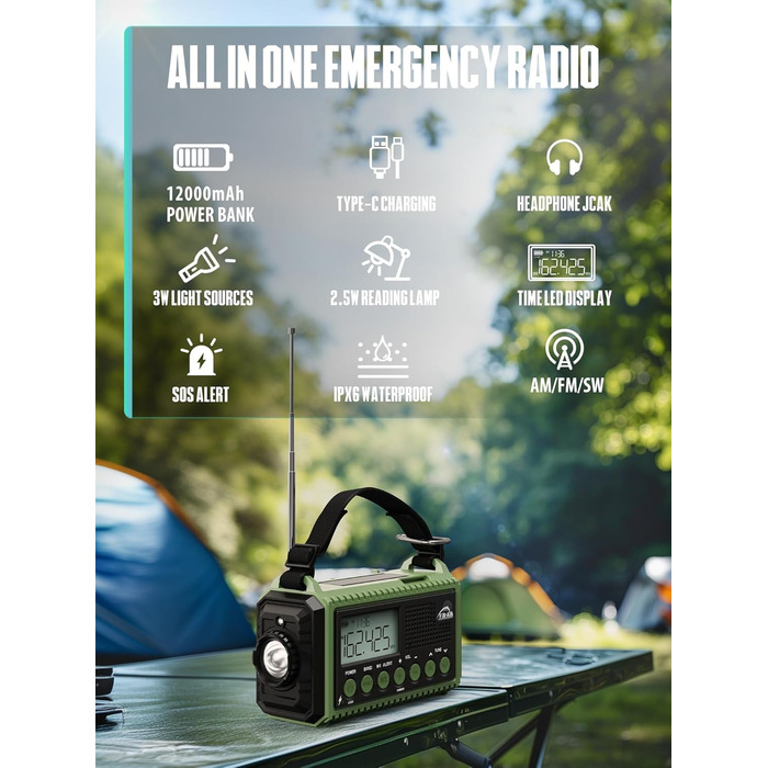 Радіо на батареї 12000mAh | Радіо з ручкою та сонячною панеллю | AM/FM/SW, SOS, USB-C | Водонепроникне IPX4, ліхтарик, для кемпінгу та відпочинку на природі