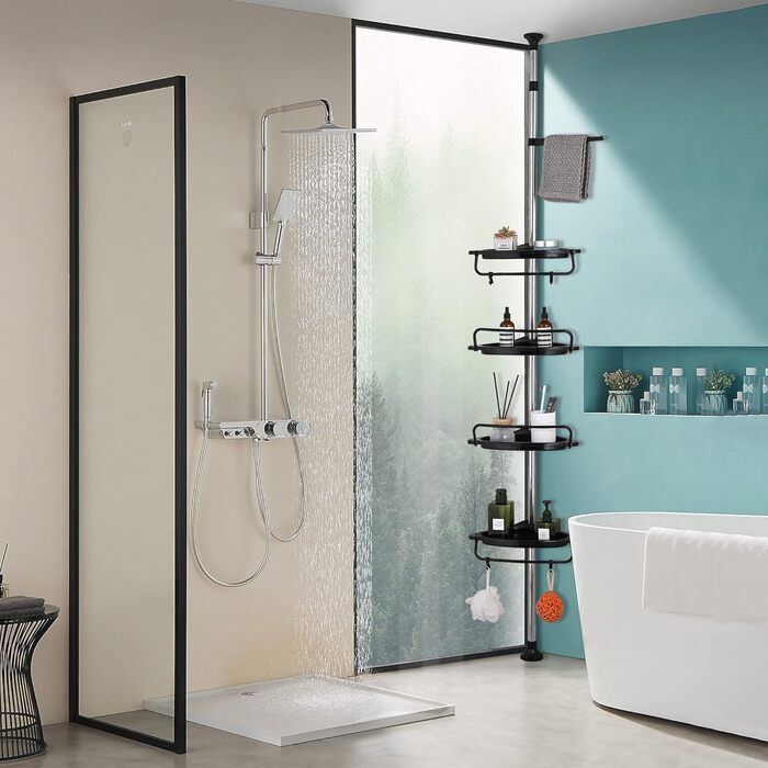 GRICOL Adjustable Height Shower Shelf No Drilling Corner Shelf Stainless Steel Corner Shelf Bathroom Shelf with 4 Baskets and 1 Towel Holder for Bathtub and Bathroom, Rustproof, 95-305CM, Black