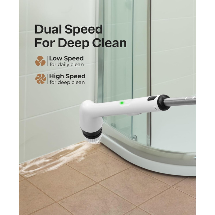 Електрична щітка для прибирання LyriFine, водонепроникна IPX7, з довгим руків'ям, 2 швидкості, з набором змінних насадок, для ванної кімнати, білий