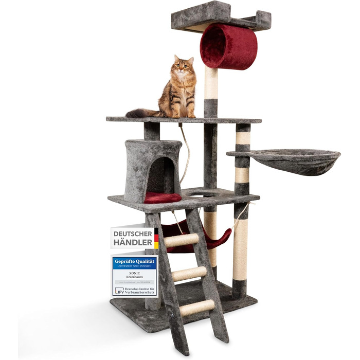 Кігтеточка для котів Foxdevil від xonic® - стабільна, багатофункціональна з платформою, гамаком, будиночком, іграшкою та сходами (141 см, сірий/червоний)