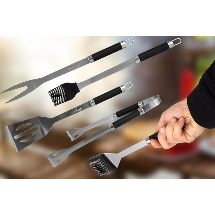 Набір гриль-посуду Lehmann з нержавіючої сталі в кейсі | Комплект аксесуарів для гриля з лопаткою, виделкою та щипцями | Ідеальний подарунок для чоловіків та жінок