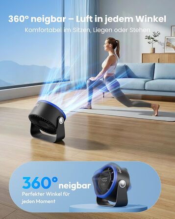 Портативний акумуляторний вентилятор Gaiatop з USB, 5 швидкостей, LED-дисплей, поворотний на 360°, для дому та офісу (блакитний)