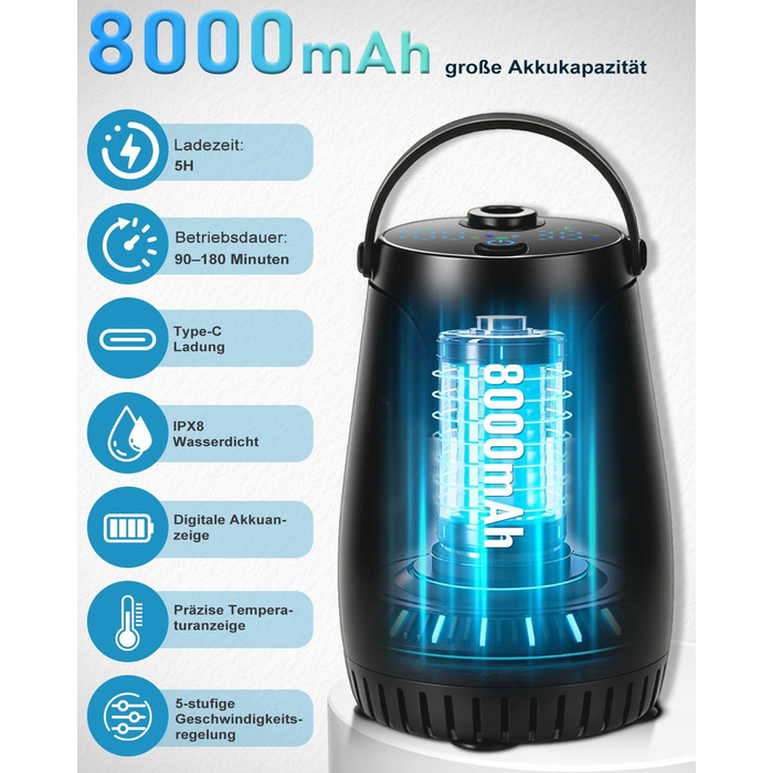 Портативний душ для кемпінгу з LED підсвіткою, акумулятором 8000mAh та дисплеєм температури - 5 режимів, фільтр PP для кемпінгу, піших прогулянок, домашніх тварин, життя в автодомі