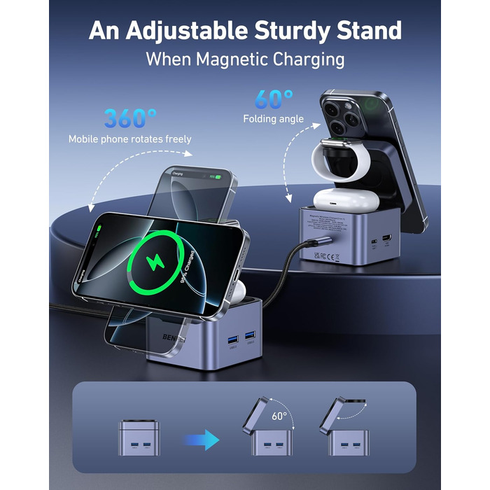 BENFEI 3-в-1 Станція зарядки MagSafe з USB-C хабом – для iPhone 16/15/14/13/12, Apple Watch та AirPods. HDMI (4K@60Hz), 100W PD, 2x USB 3.0 (5Gbps)