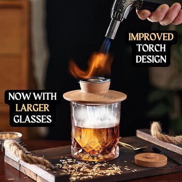 Whiskey Smoker Kit - Cocktail Smoker Kit with Torch, 2 Whiskey Glasses, 2 Ice Ball Makers, 6 Flavors of Wood Chips - Old Fashioned Smoker Bourbon Drink Smoking Set - Bourbon Gifts for