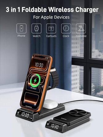 MagSafe Зарядний пристрій 3-в-1 для Apple Watch та iPhone (17 Pro Max/16/15), Бездротовий зарядний пристрій для Apple Watch (10-4) та AirPods, 25W, Чорний