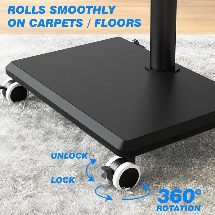 Мобільна тумба під телевізор з поличкою для ТВ 27-60 дюймів, чорна. Поворотна, регульована по висоті, до 40 кг, VESA 400x400