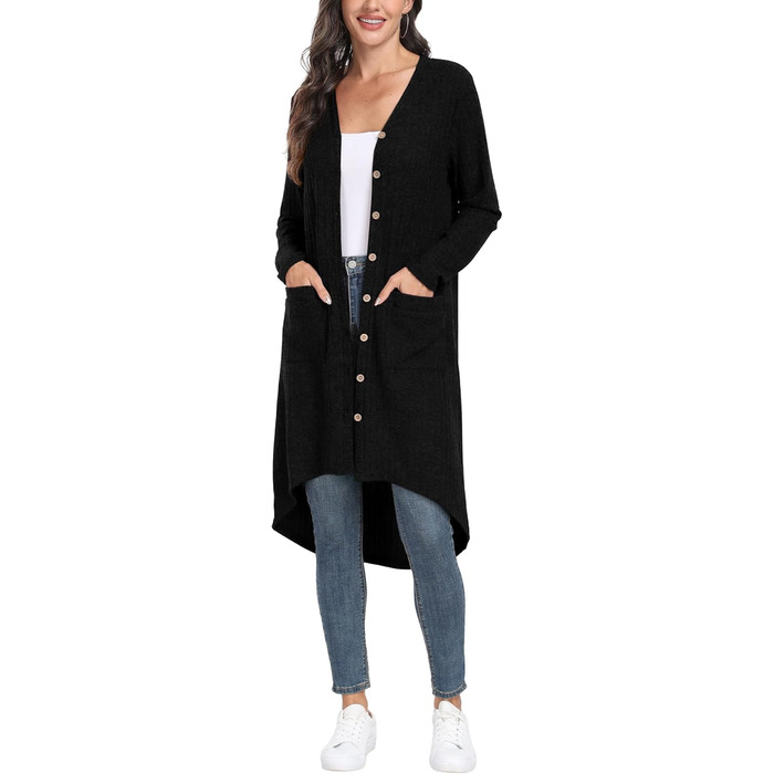 Кардиган жіночий Grecerelle, довгий, легкий, чорний, з ґудзиками та V-подібним вирізом